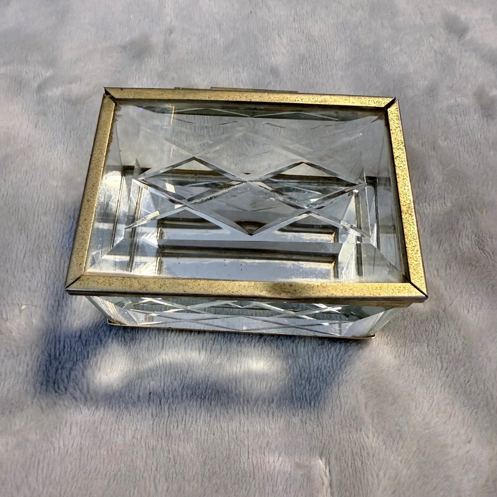 Vintage Cut Glass Brass Jewelry Casket Mirrored Trinket Box Mid Century